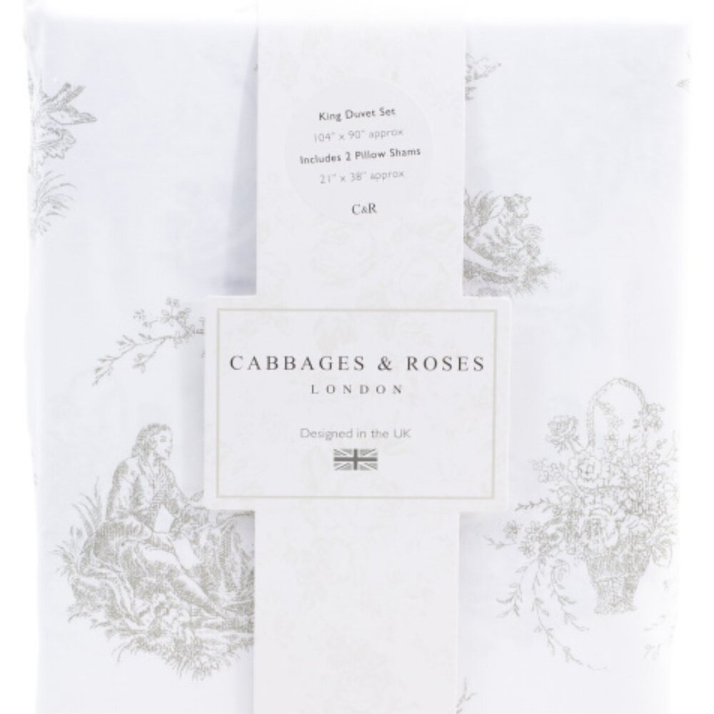 3-pc Cabbages & Roses King Cotton French Olive Toile Duvet Set